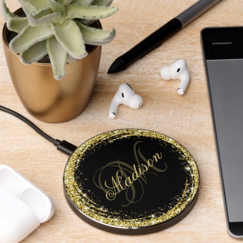 Personalized Gold Glitter Black Glam Wireless Charger