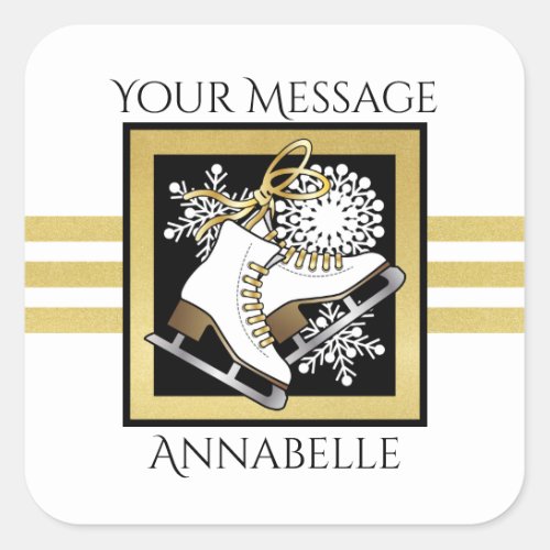 Personalized Gold Glitter Black White Ice Skate Square Sticker