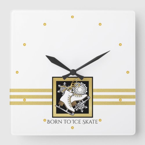 Personalized Gold Glitter Black White Ice Skate Square Wall Clock