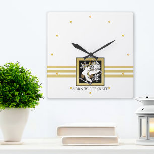 Personalized Gold Glitter Black White Ice Skate Square Wall Clock