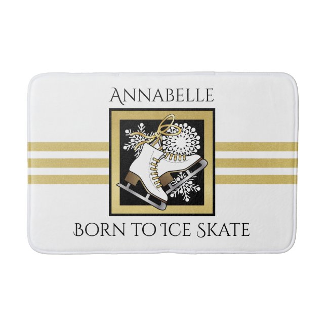 Personalized Gold Glitter Black White Ice Skating Bath Mat (Front)