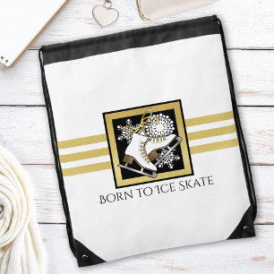 Personalized Gold Glitter Black White Ice Skating Drawstring Bag