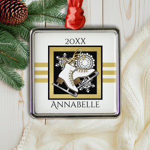 Personalized Gold Glitter Black White Ice Skating Metal Ornament