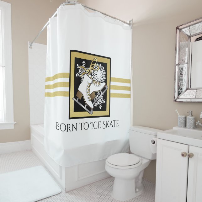 Personalized Gold Glitter Black White Ice Skating Shower Curtain (In Situ)