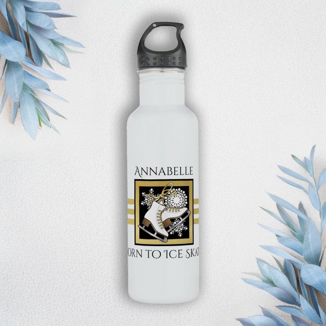Personalized Gold Glitter Black White Ice Skating Stainless Steel Water Bottle (Creator Uploaded)