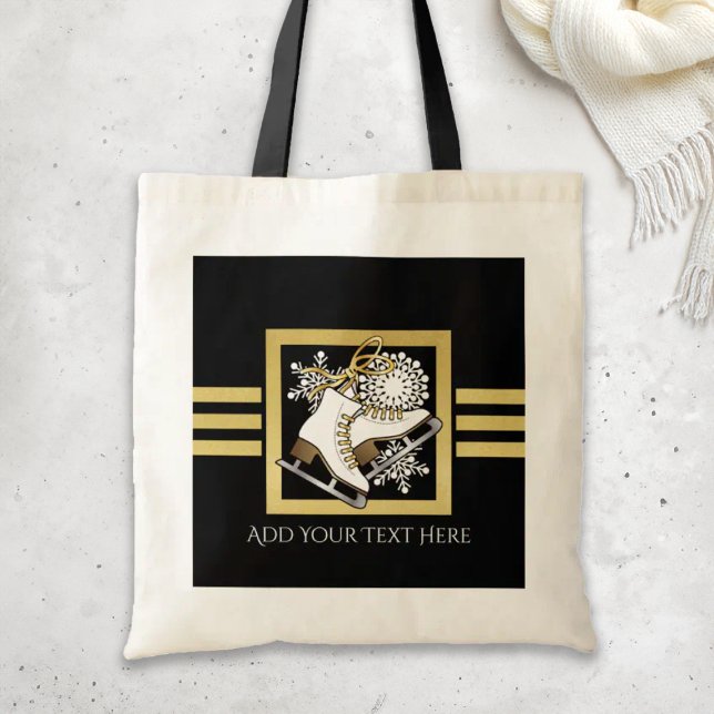 Personalized Gold Glitter Black White Ice Skating Tote Bag (Creator Uploaded)