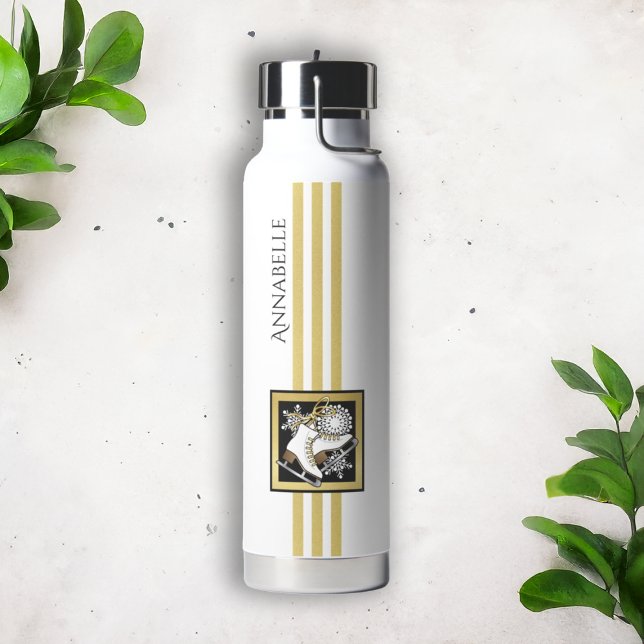 Personalized Gold Glitter Black White Ice Skating Water Bottle (Creator Uploaded)