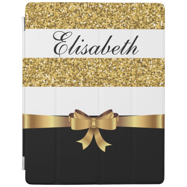 Personalized Gold glitter Black  white Stripes BOW iPad Smart Cover (Front)