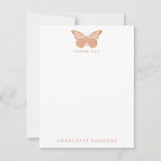 Personalized Gold Glitter Blush Pink Butterfly  Thank You Card (Front)
