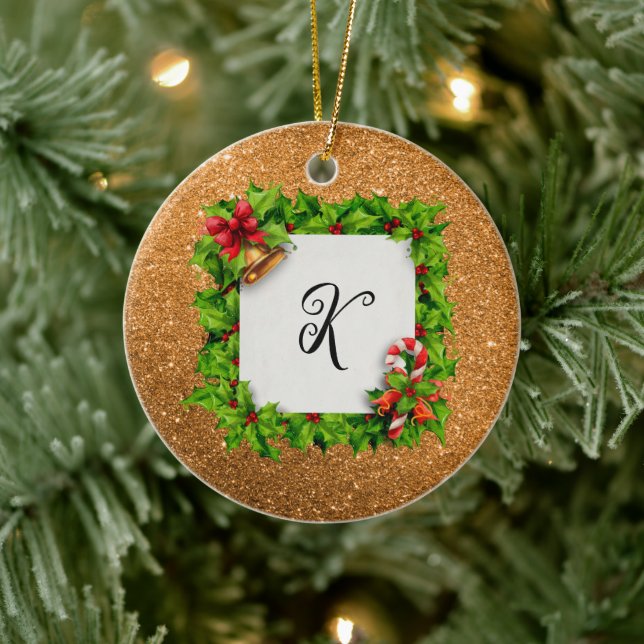 Personalized Gold Glitter Christmas Ceramic Ornament (Tree)