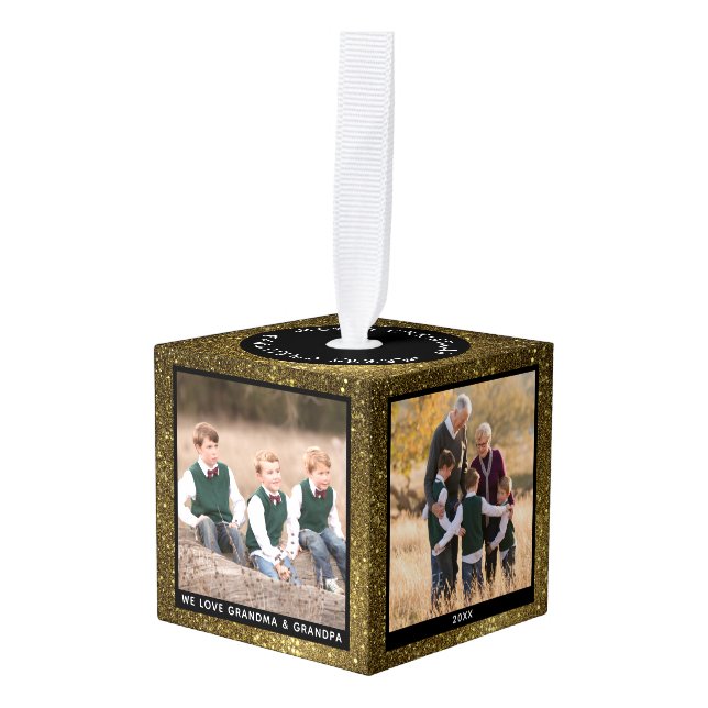  Personalized Gold Glitter Christmas Photo Cube Ornament (Front Angled)