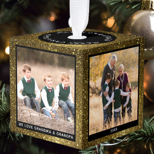  Personalized Gold Glitter Christmas Photo Cube Ornament