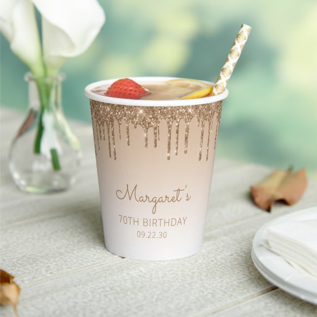 Personalized Gold Glitter Drip 70th Birthday Party Paper Cups (Insitu)