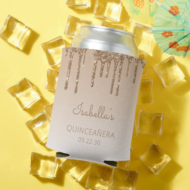 Personalized Gold Glitter Drip Quinceañera Can Cooler (In Situ Summer)
