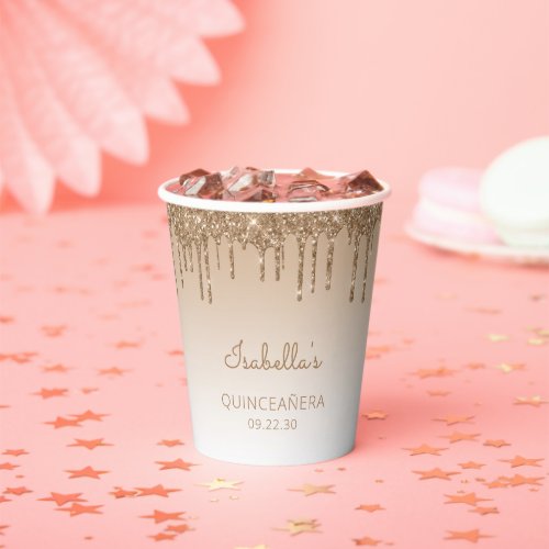 Personalized Gold Glitter Drip Quinceaera Paper Cups