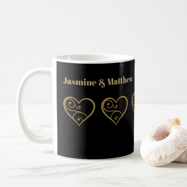 Personalized Gold Glitter Hearts on Black Coffee Mug (With Donut)
