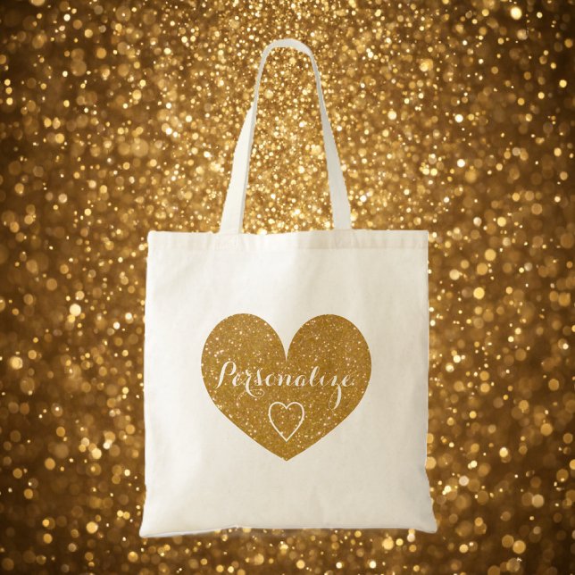 Personalized gold glitter love heart tote bag (gold heart tote bag)