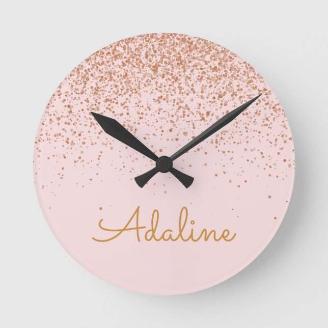 Personalized Gold Glitter Monogram Name Round Clock (Front)