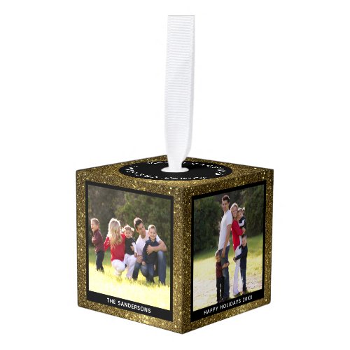Personalized Gold Glitter Photo Christmas Cube Ornament