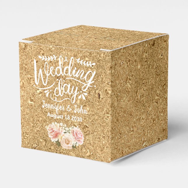 Personalized Gold Glitter Pink Floral Wedding   Favor Boxes (Front Side)