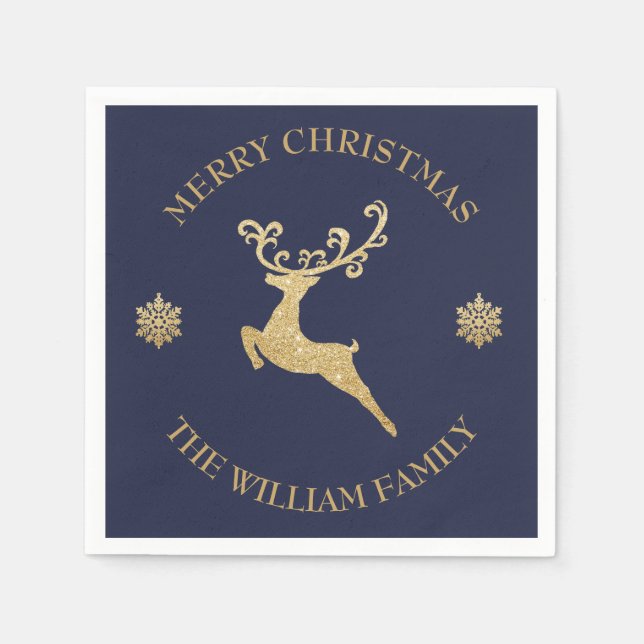 Personalized Gold Glitter Reindeer Christmas Party Napkins (Front)