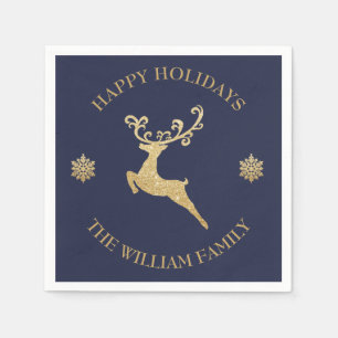 Personalized Gold Glitter Reindeer Happy Holiday Napkins
