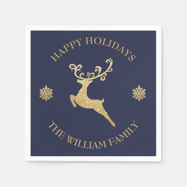 Personalized Gold Glitter Reindeer Happy Holiday Napkins (Front)