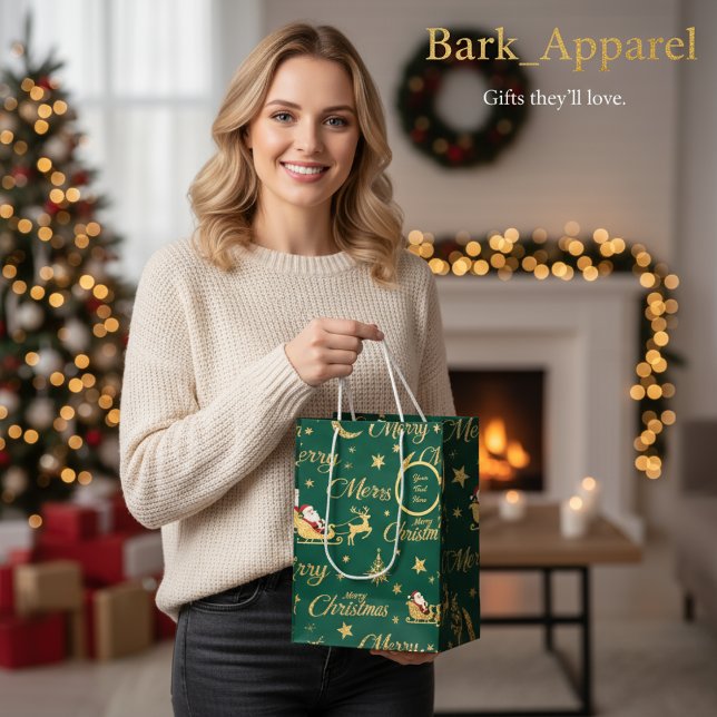 Personalized Gold Glitter Santa Sleigh & Reindeer  Medium Gift Bag (Creator Uploaded)