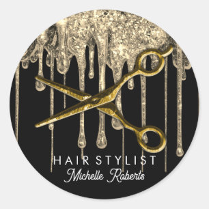 Personalized Gold Glitter Scissors Hair Salon Clas Classic Round Sticker