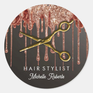Personalized Gold Glitter Scissors Hair Salon Classic Round Sticker