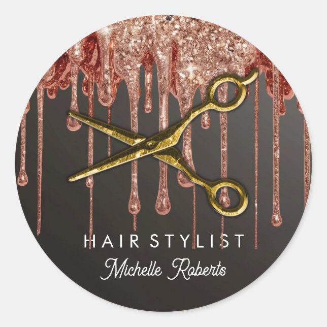 Personalized Gold Glitter Scissors Hair Salon Classic Round Sticker (Front)