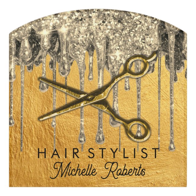 Personalized Gold Glitter Scissors Hair Salon    Door Sign (Contour Front)