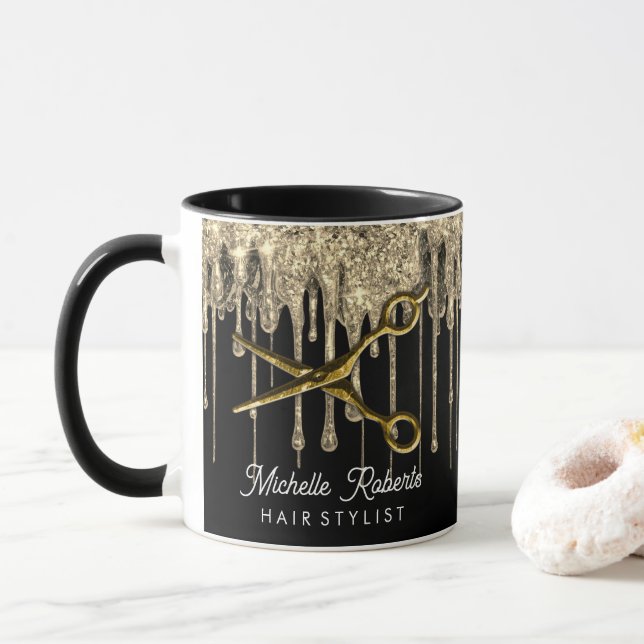 Personalized Gold Glitter Scissors Hair Salon    Mug (With Donut)