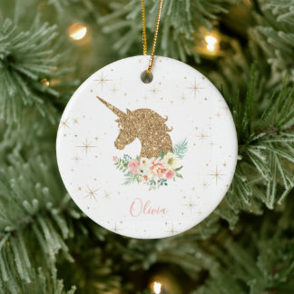Personalized Gold Glitter Unicorn Ceramic Ornament