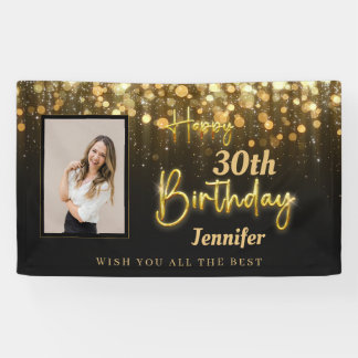 Personalized Gold Glossy Happy Birthday Black Banner