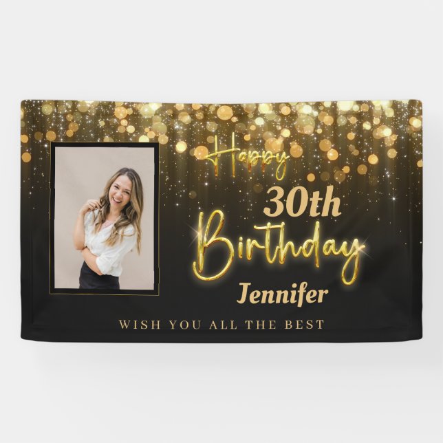 Personalized Gold Glossy Happy Birthday Black Banner (Horizontal)