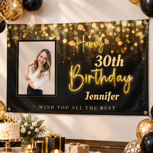 Personalized Gold Glossy Happy Birthday Black Banner