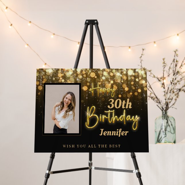 Personalized Gold Glossy Happy Birthday Black Foam Board (In Situ (Stand))