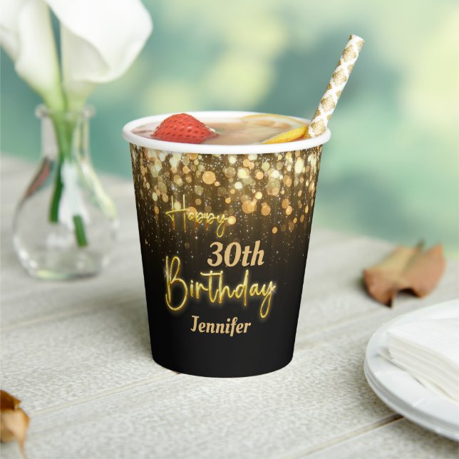 Personalized Gold Glossy Happy Birthday Black Paper Cups (Insitu)