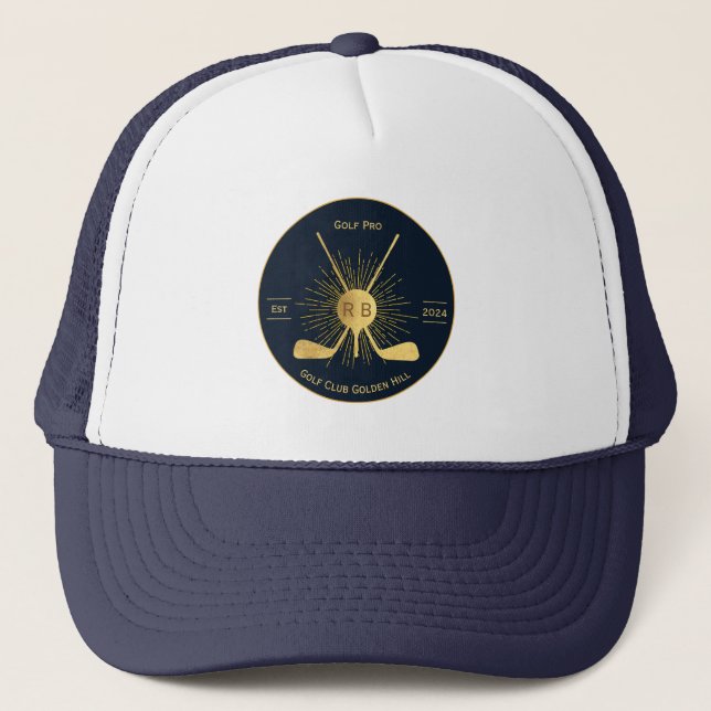 Personalized Gold Golf Clubs Trucker Hat (Front)