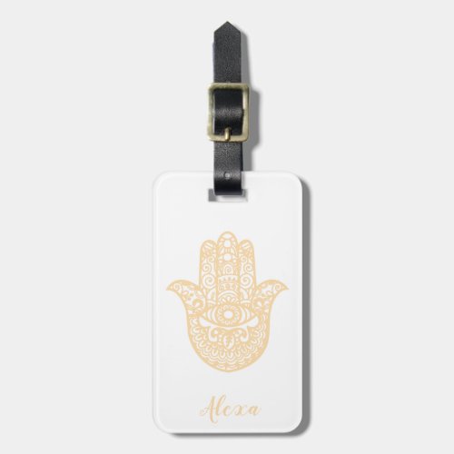 Personalized gold good luck gift hamsa hand luggage tag