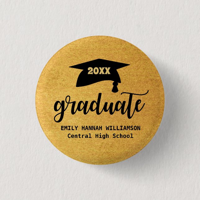 Personalized Gold Graduation Mortar Board Button (Front)