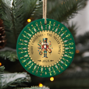Personalized Gold Green Christmas Nutcracker Ceramic Ornament
