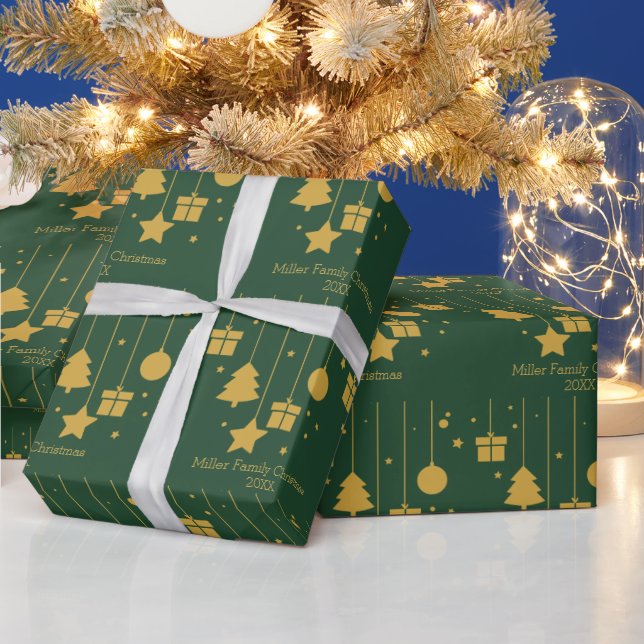 Personalized Gold Green Ornament Christmas  Wrapping Paper (Holidays)