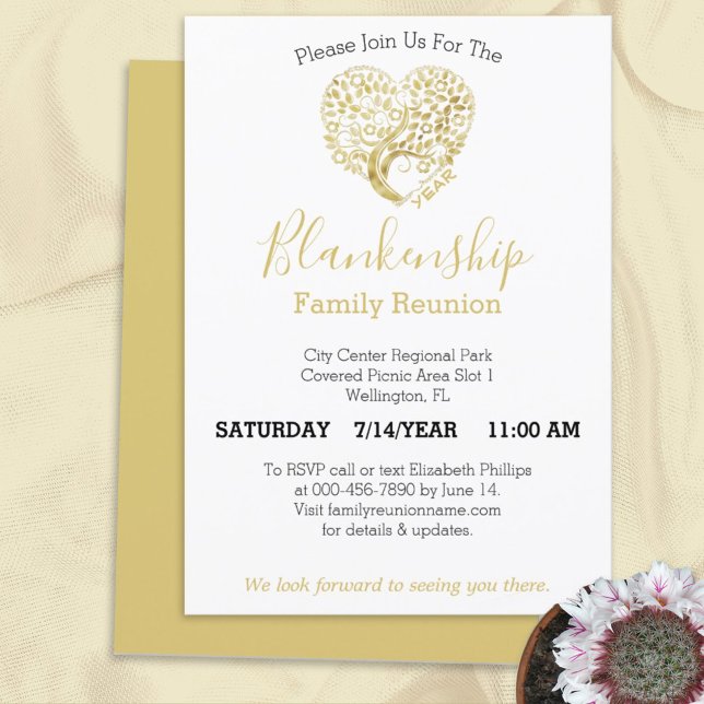 Personalized Gold Heart Tree Family Reunion White Invitation (Creator Uploaded)