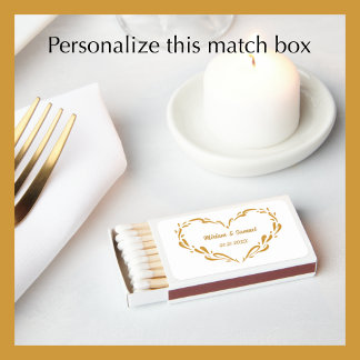 Personalized Gold Heart Wedding Reception Favor Matchboxes