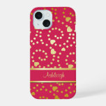 Personalized Gold Hearts and Swirls on Cerise iPhone 15 Case