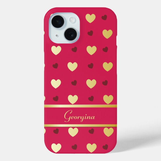 Personalized Gold Hearts on Cerise Case-Mate iPhone Case (Back)