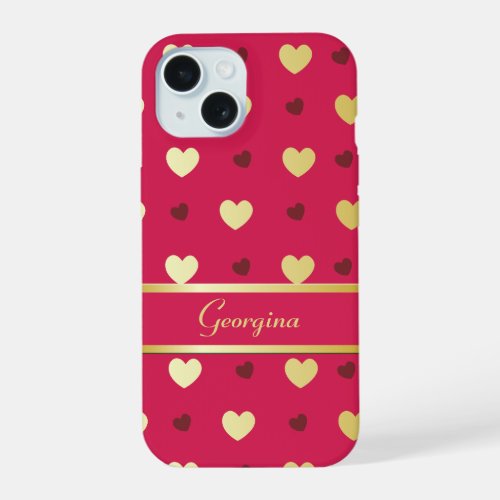 Personalized Gold Hearts on Cerise iPhone 15 Case