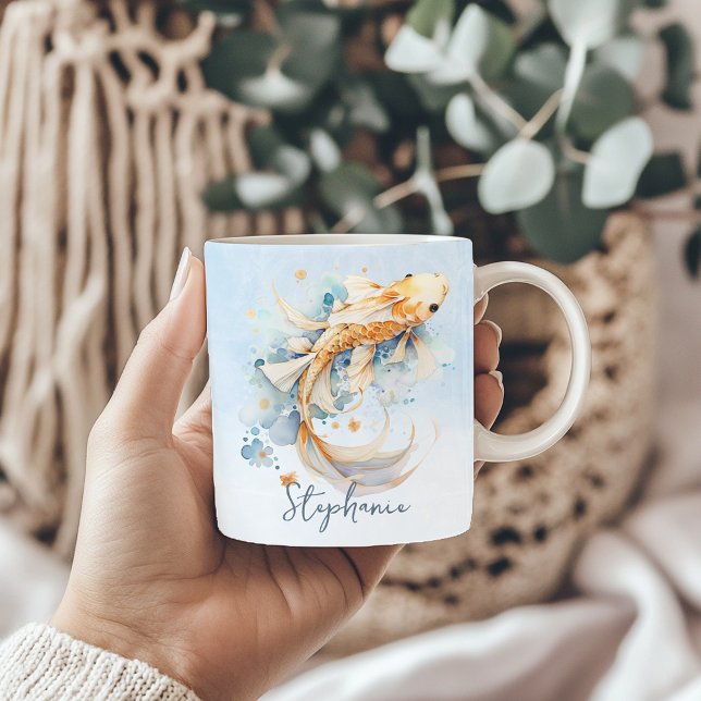 Personalized Gold Koi Fish Blue Watercolor  Coffee Mug (Blue Watercolor Gold Koi Fish Personalized Coffee Mug
)